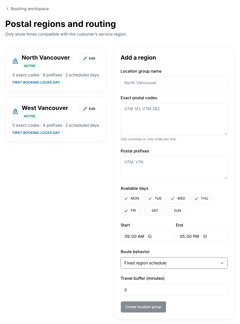 Booking areas for a sample mobile grooming business: North Vancouver and West Vancouver, each with postal prefixes and two days, next to the form for adding an area