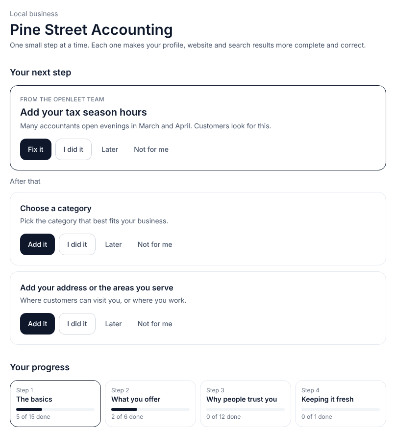Guided dashboard for a sample accounting business, showing the next step, progress in four stages and where the information appears