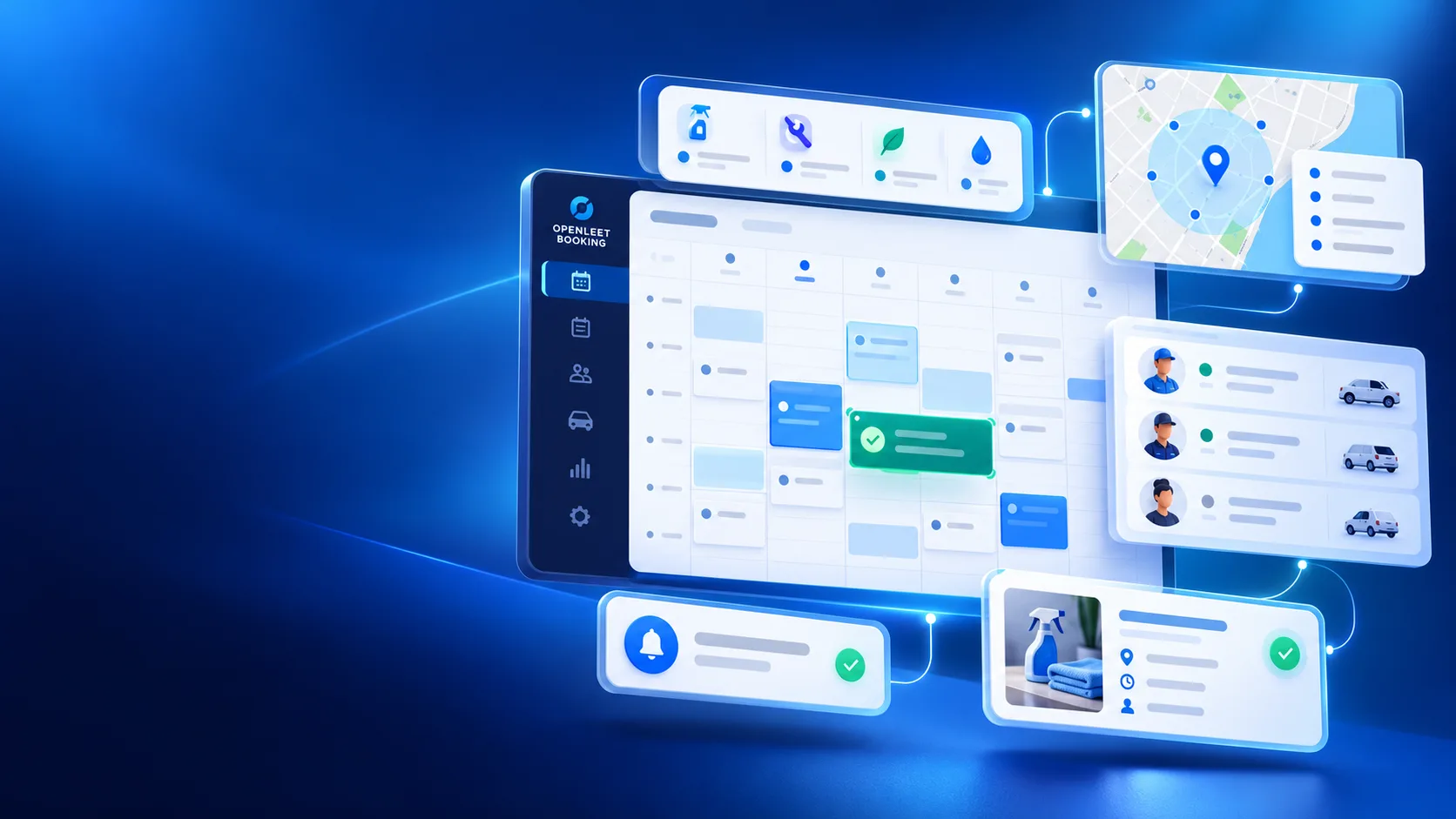 Openleet Booking dashboard showing service availability, appointment scheduling, service areas, and customer reminders.