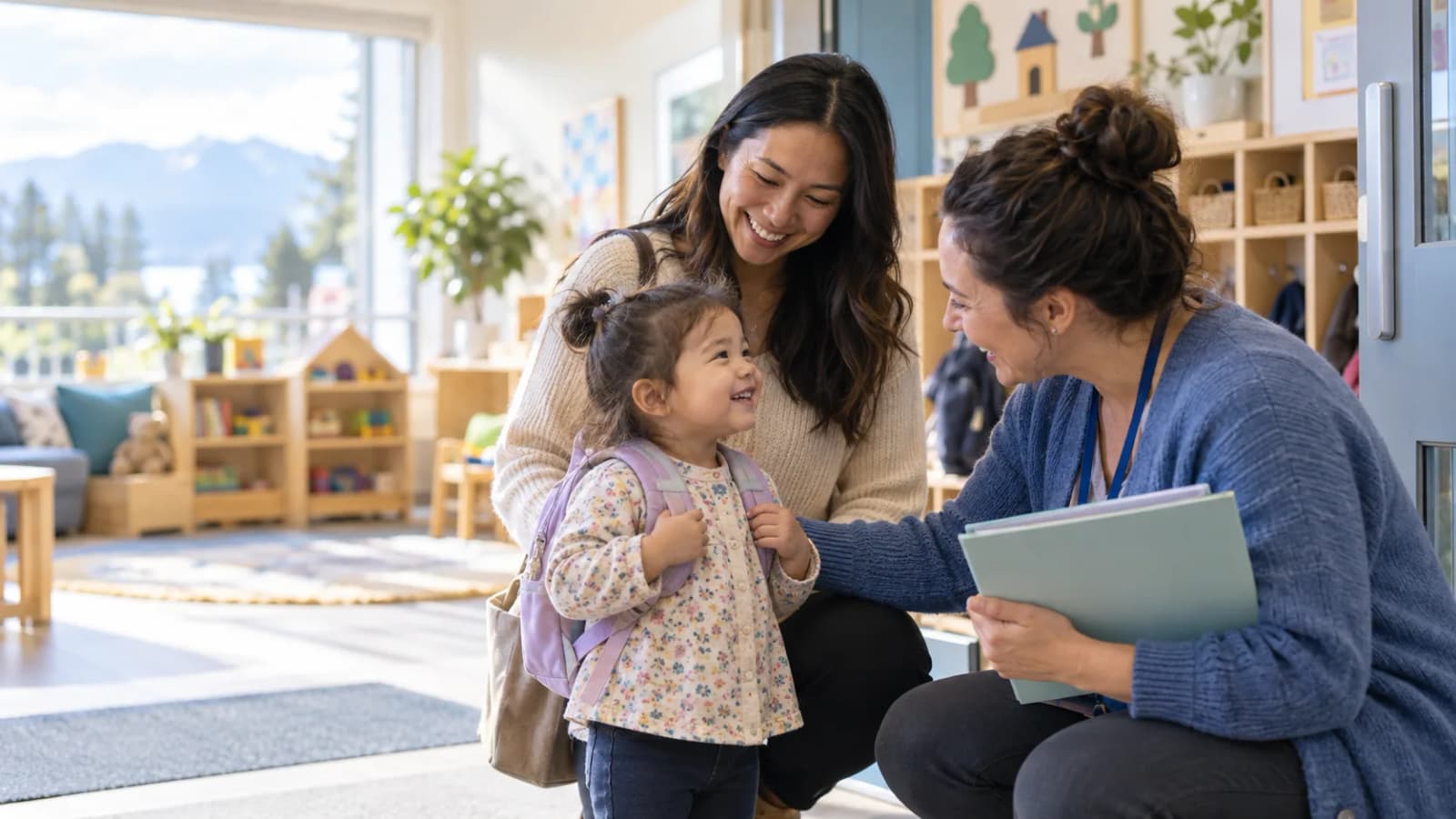 Parent and child welcomed by an early childhood educator at a childcare centre in British Columbia