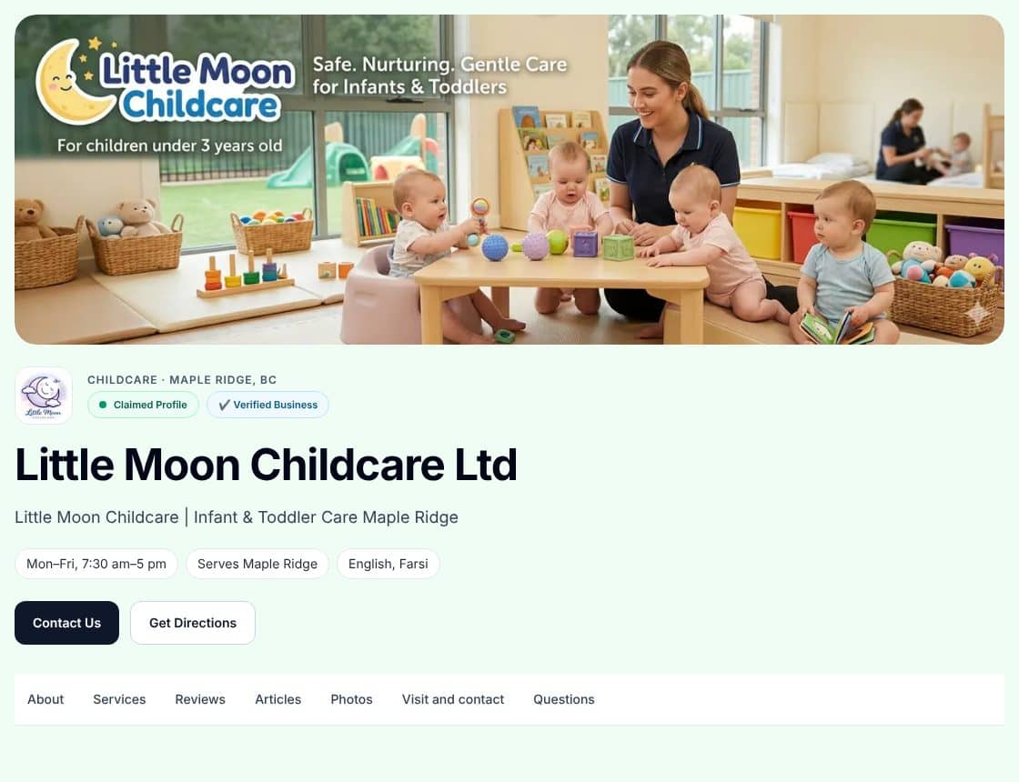 Little Moon Childcare's Openleet profile: infant and toddler care in Maple Ridge, with hours, languages and sections for services, reviews, articles and photos