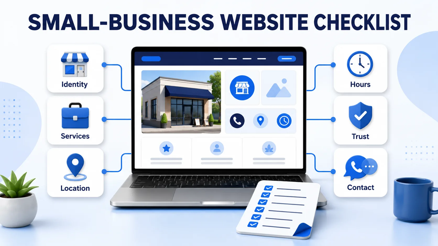 Small-business website checklist showing essential information: identity, services, location, hours, trust signals, and contact details.