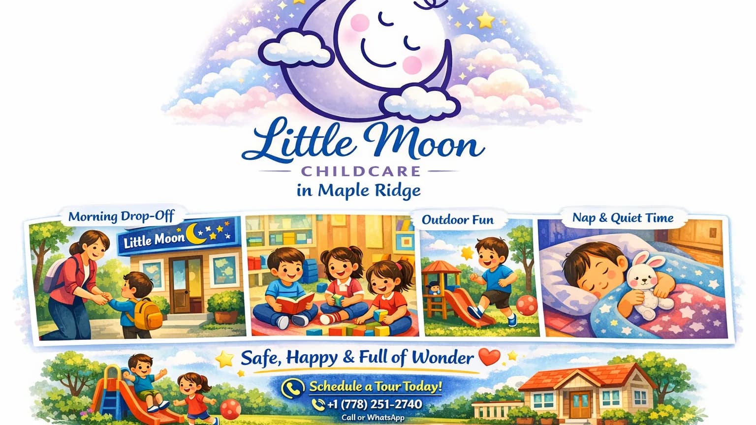 A day at Little Moon Childcare in Maple Ridge showing children learning, playing outdoors, resting, and enjoying a safe and nurturing environment